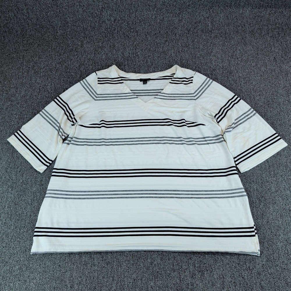 J. Jill Coastal Striped V-Neck T-Shirt Women 2X Ivory Black Short Sleeve Top
